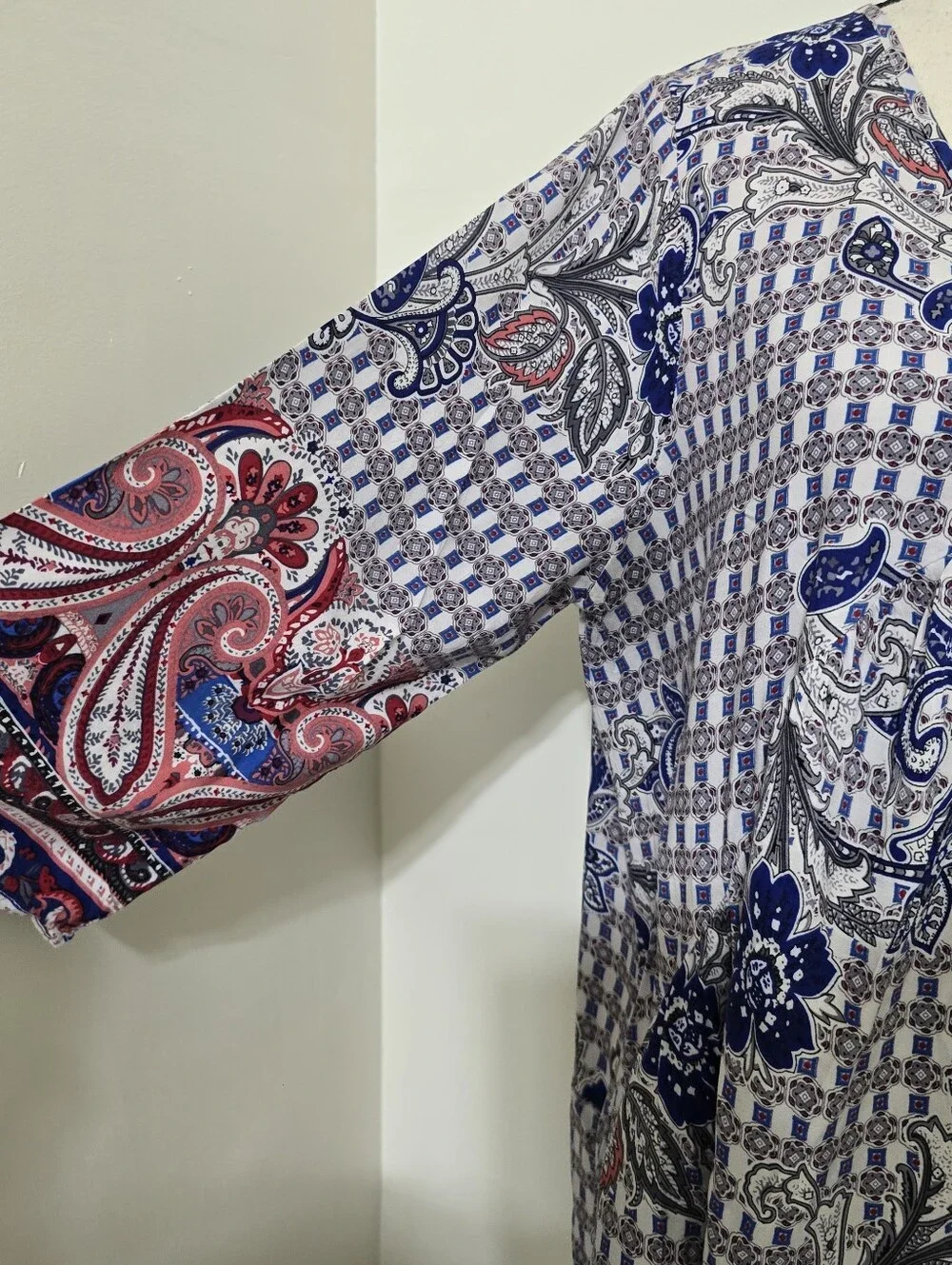 UMGEE size Large Boho Paisley V Neck 3/4 Sleeve Pocket Mini Dress Multicolor